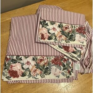 Vintage Croscill Rose Arbor Floral Stripe King Sheet Set Flat Fitted Pillowcases